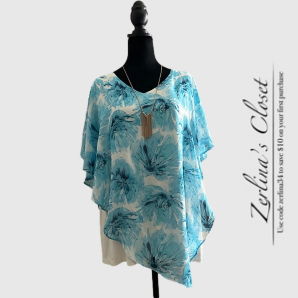 AGB Tank with Poncho Top with Necklace blue white 2X